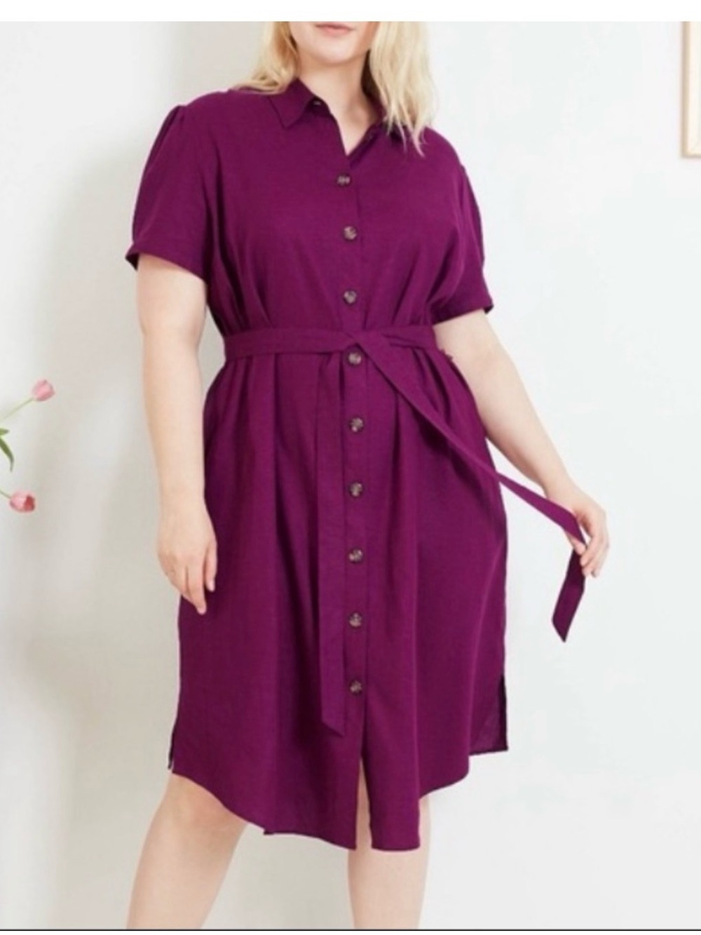 Ava & Viv Purple Linen Blend Button Short Sleeve Midi Tie Front Shirt Dress 1X